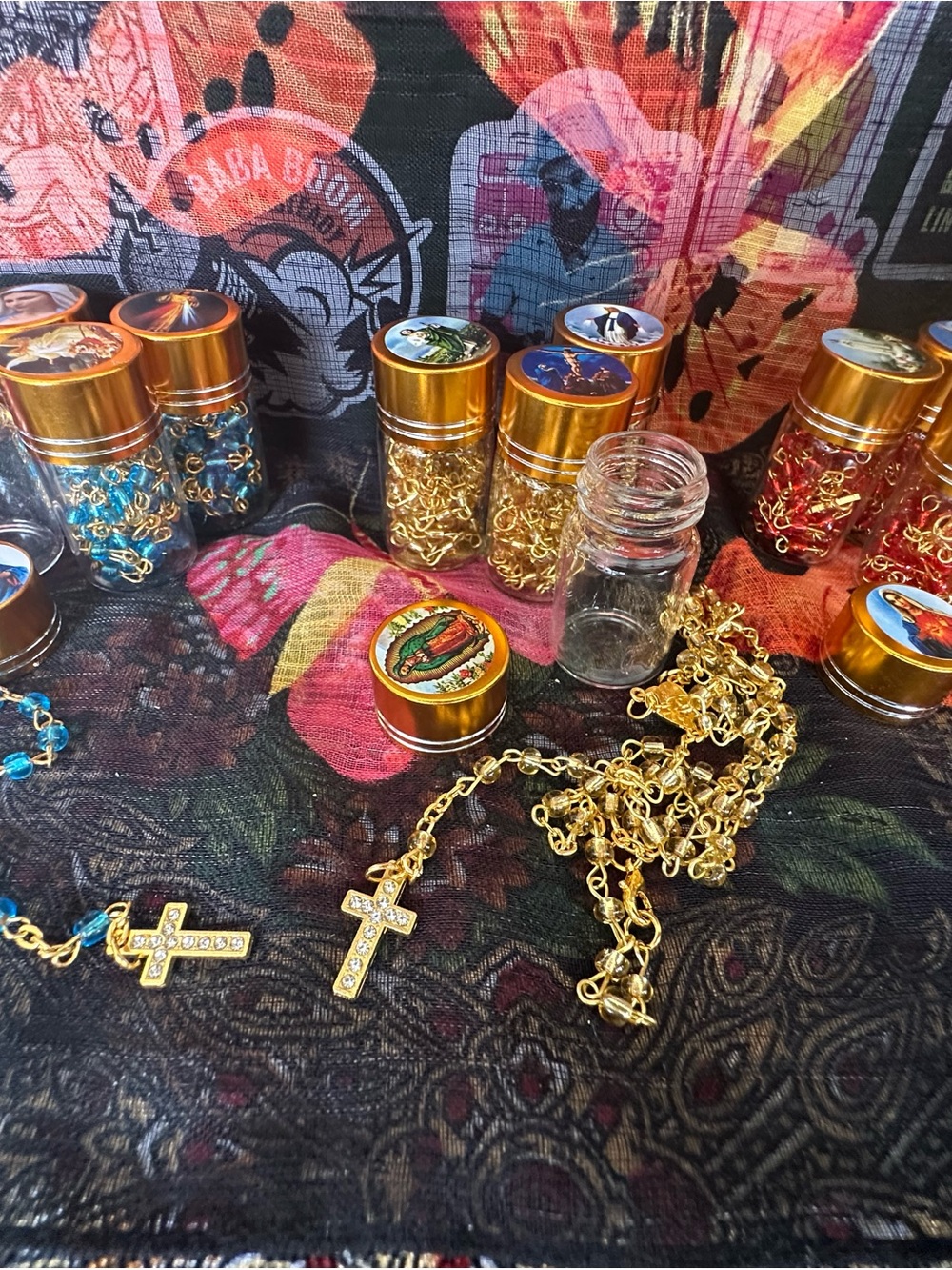 Beaded Rosary in Religious Art Jar – Red, Blue or Gold